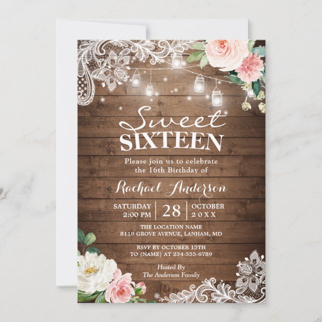 Invitación Floral Lace Mason Jar Lights Sweet 16 Cumpleaños (Anverso)