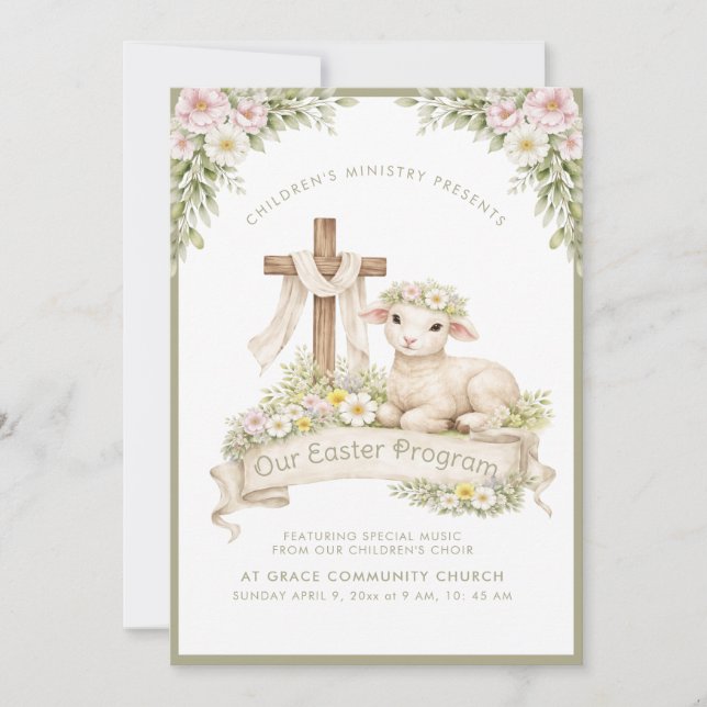 Invitación Floral Lamb with Cross | Easter Program Invitation (Anverso)