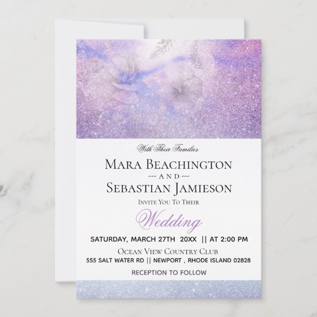 Invitación ~ Floral Lavanda Azul Purpurina Elegante Boda (Anverso)