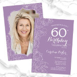 Invitación Floral Lavender Purple Photo 60th Birthday Party<br><div class="desc">Invitación a la fiesta de cumpleaños número 60 con flores de lavanda morada con tu foto en la parte trasera de la tarjeta. Diseño elegante y moderno con detalles botánicos de dibujos y tipografía. Sencilla carta de invitación a la moda, perfecta para una elegante celebración de cumpleaños femenina. Se puede...</div>