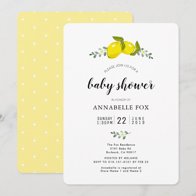 Invitación Floral Lemon Citrus Elegant Baby Shower (Anverso / Reverso)
