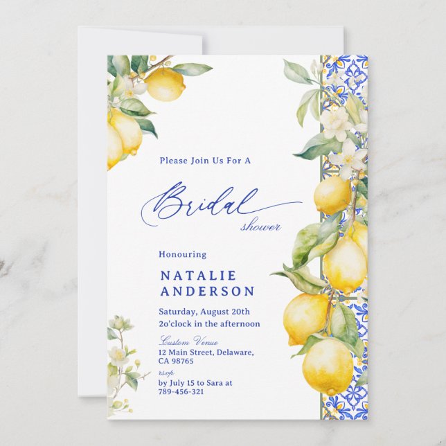 Invitación Floral Lemon Mediterranean Blue Tile Bridal Shower (Anverso)