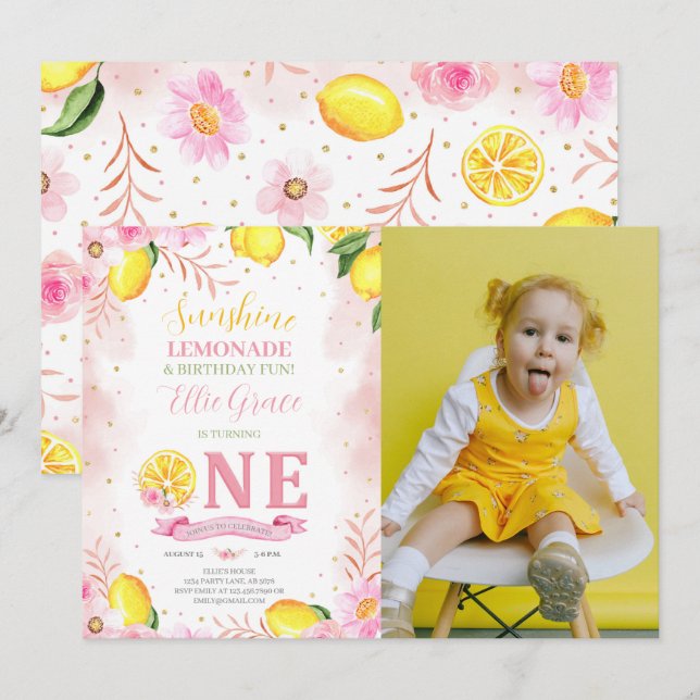 Invitación Floral Lemonade 1er cumpleaños Foto (Anverso / Reverso)