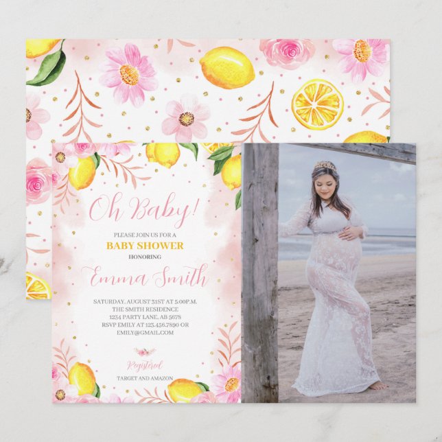 Invitación Floral Lemonade Baby Shower Photo (Anverso / Reverso)