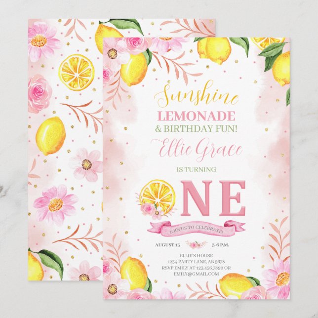 Invitación Floral Lemonade Primer cumpleaños (Anverso / Reverso)