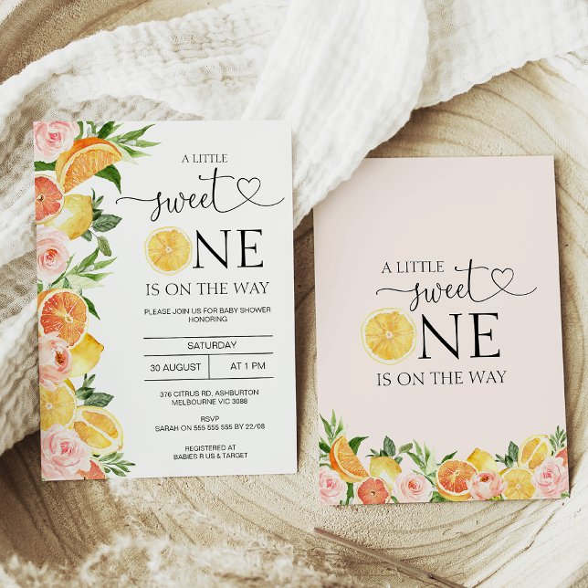 Invitación Floral Lemons Naranja Little Sweet One Baby Shower (Citrus themed a little sweet one baby shower invitation with lemons, oranges, and pink flowers.)