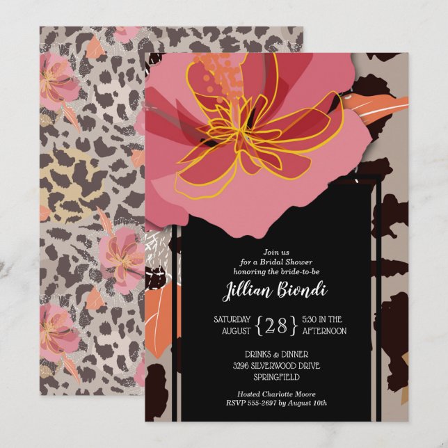 Invitación Floral Leopard Animal Print Bridal Shower (Anverso / Reverso)