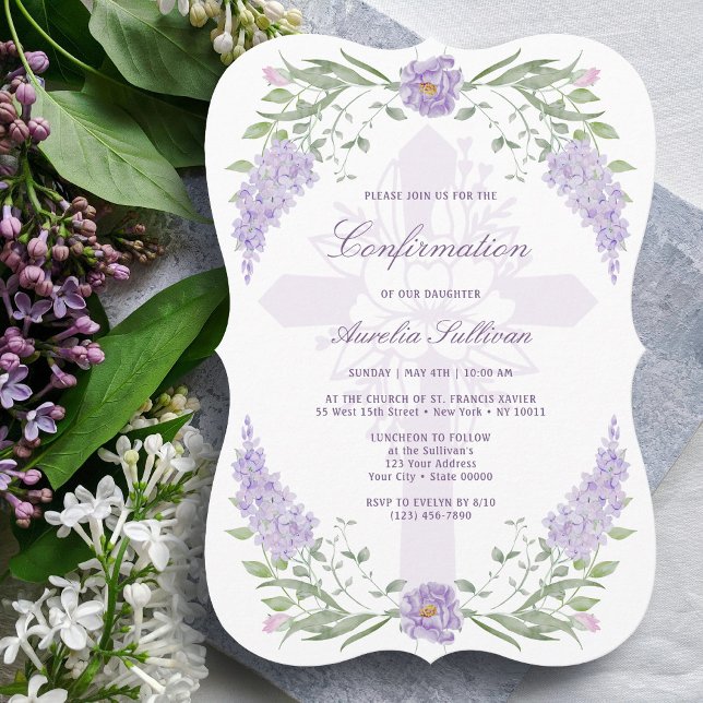 Invitación Floral Lilac Frame Holy Cross Confirmation (Subido por el creador)