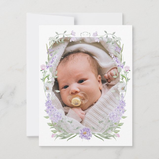 Invitación Floral Lilac Lavender Frame Baptism Gracias Tarjet (Anverso)