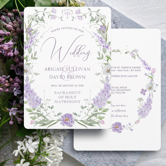 Invitación Floral Lilac Lavender Frame Catholic Wedding (Subido por el creador)