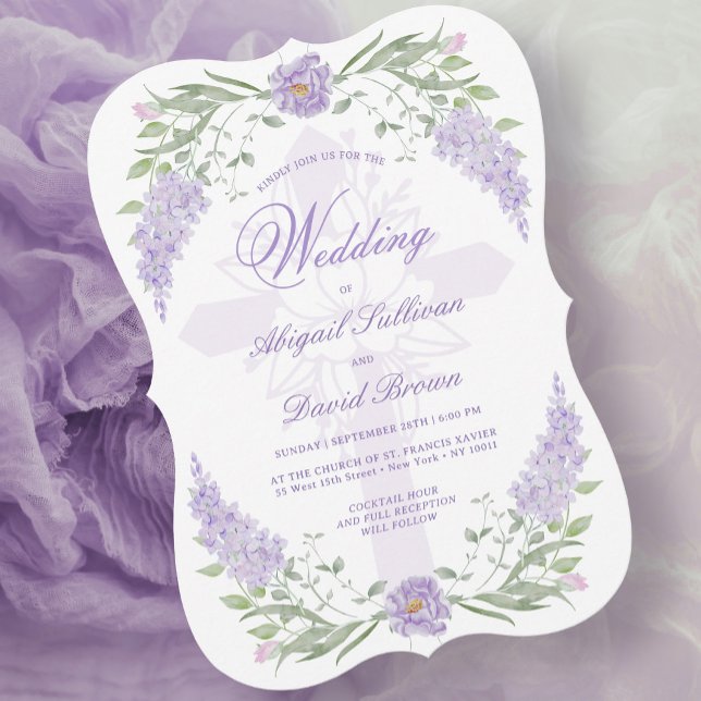 Invitación Floral Lilac Lavender Frame Religious Wedding (Subido por el creador)