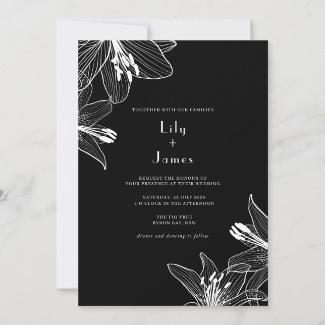 Invitación Floral Lilies Boda blanco y negro (Anverso)