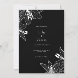 Invitación Floral Lilies negro y blanco salven la fecha