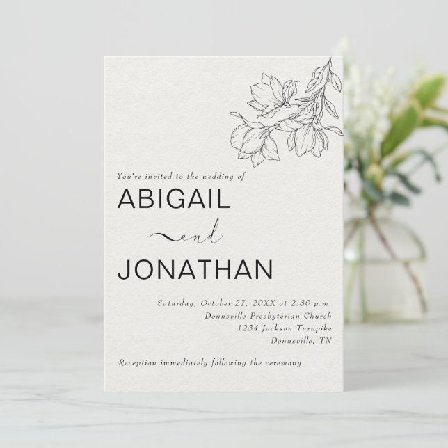 Invitación Floral Line Art Minimal-cuchara Boda de marfil (Anverso de pie)