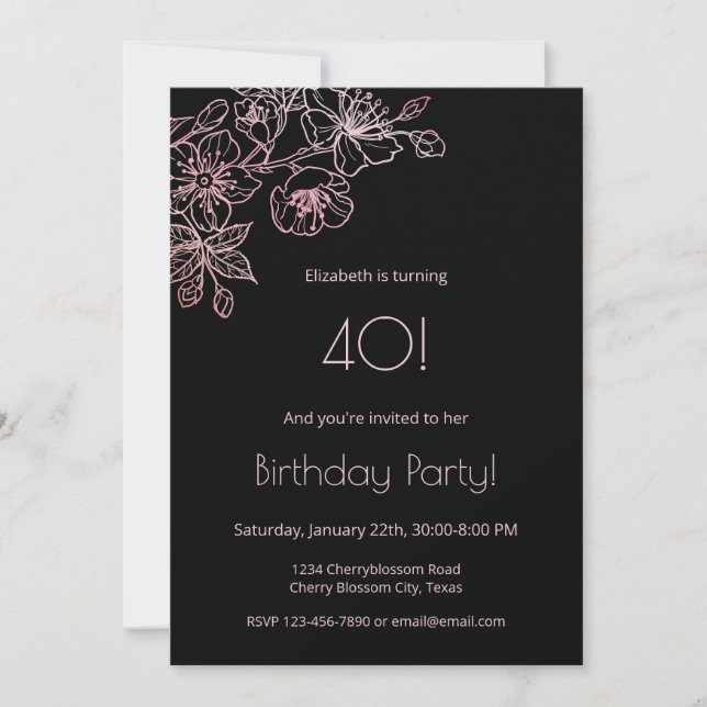 Invitación Floral Line Art Pink Black Birday (Anverso)