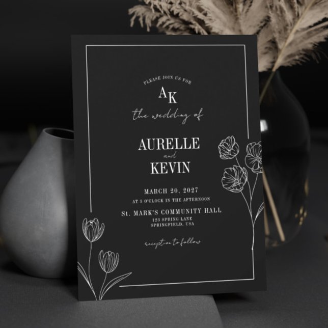 Invitación Floral Line Art Rustic Black Elegant Wedding (Subido por el creador)