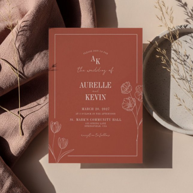 Invitación Floral Line Art Rustic Terracota Elegant Wedding  (Subido por el creador)