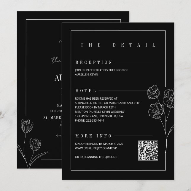 Invitación Floral Line Rustic Black Elegant All in Wedding  (Anverso / Reverso)