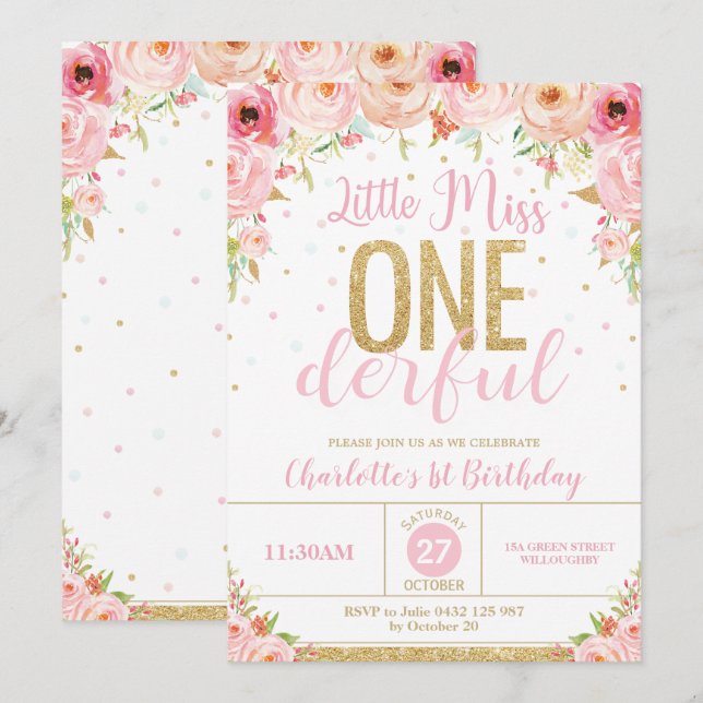 Invitación Floral Little Miss Onemaravillosa Oro de Cumpleaño (Anverso / Reverso)