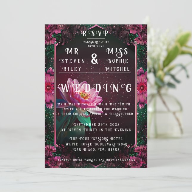 Invitación Floral Lotus Boda Suite | Starry Night Romance (Anverso de pie)