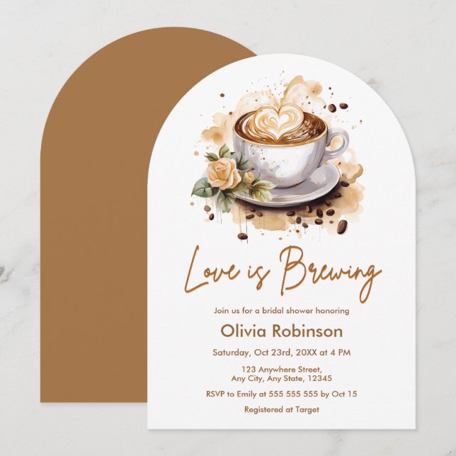 Invitación Floral Love is Brewing Brown Coffee Bridal Shower (Anverso / Reverso)