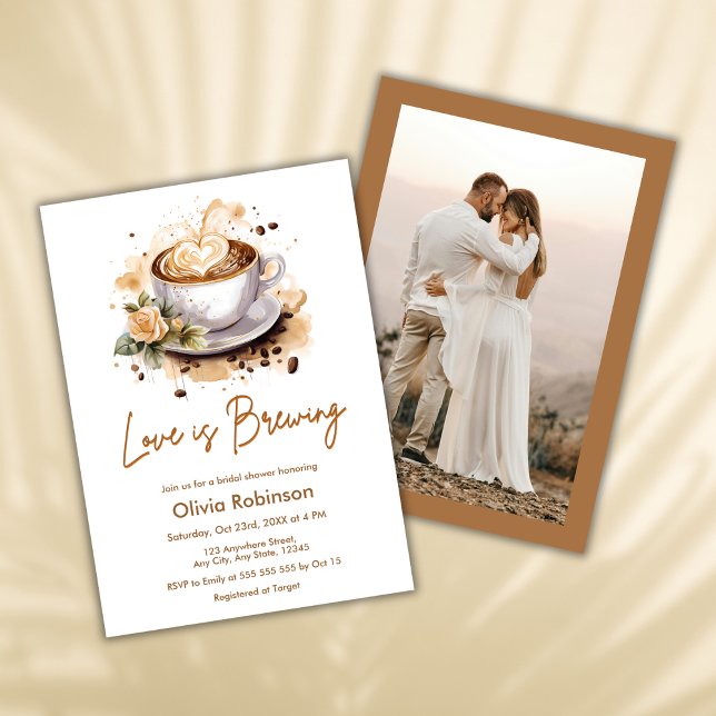 Invitación Floral Love is Brewing Brown Photo Bridal Shower (Floral Love is Brewing Brown Photo Bridal Shower Invitation  )