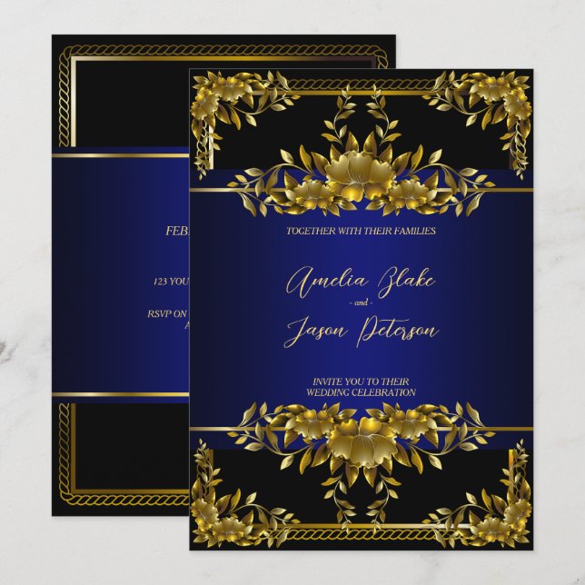 Invitación Floral lujosa de oro tallado | Negro azul (Anverso / Reverso)