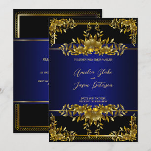 Invitación Floral lujosa de oro tallado   Negro azul