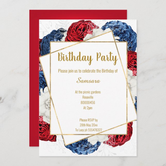 INVITACIÓN FLORAL LUMINOSO MARCO BLANCO AZUL ROJO CUMPLEAÑOS (Anverso / Reverso)