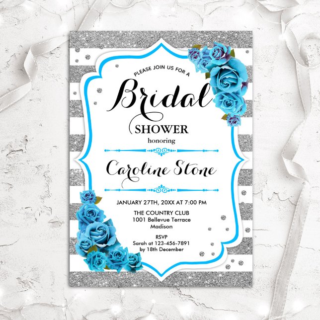 Invitación Floral Luz Azul Plata Tiras Bridal Ducha (Subido por el creador)