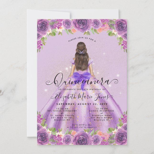 Invitación Floral luz morada oro glam Princesa Quinceanera (Anverso)