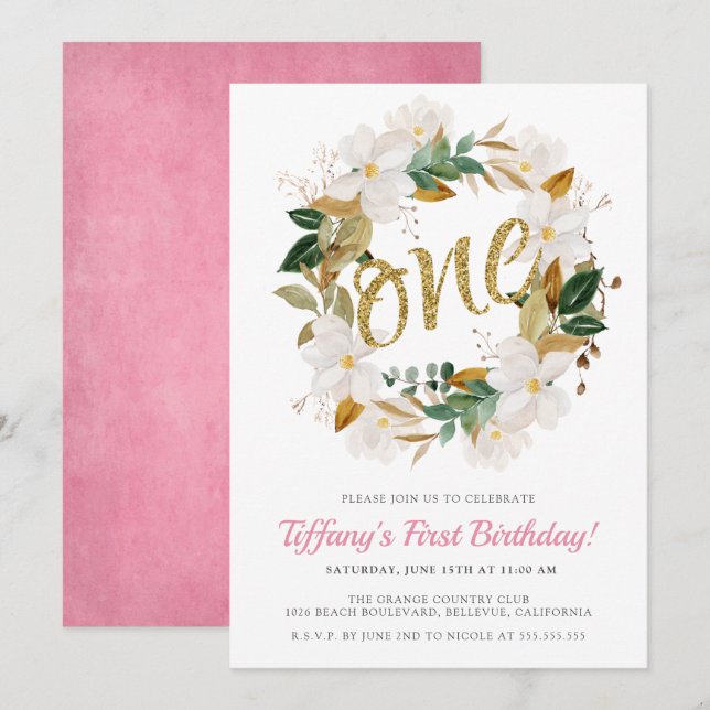 Invitación Floral Magnolia Rosa y Oro Primer Fiesta de cumple (Anverso / Reverso)