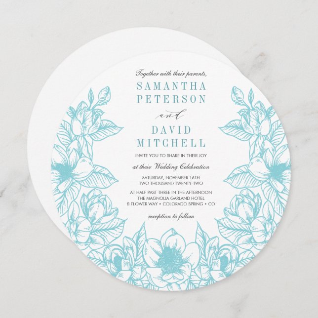 Invitación Floral Magnolia Wreath | Azul pálido | BODA (Anverso / Reverso)