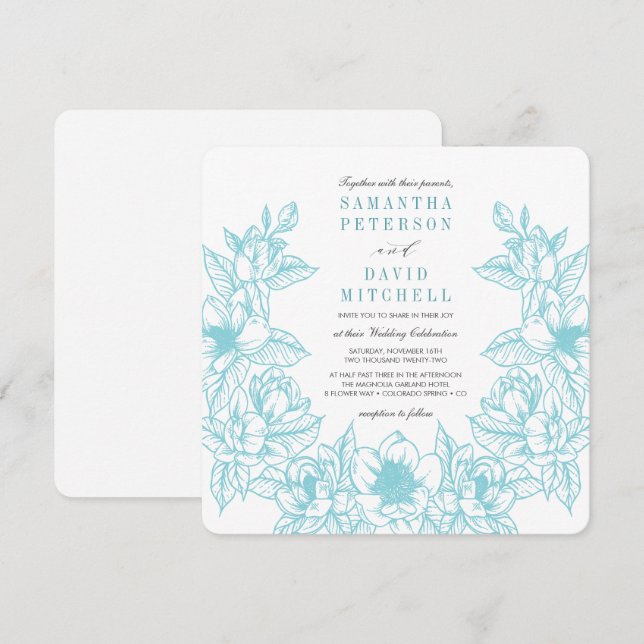 Invitación Floral Magnolia Wreath | Azul pálido | BODA (Anverso / Reverso)