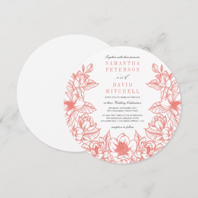 Invitación Floral Magnolia Wreath | Coral | BODA (Anverso / Reverso)