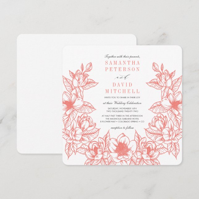 Invitación Floral Magnolia Wreath | Coral | BODA (Anverso / Reverso)