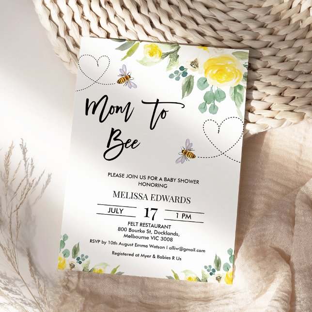 Invitación Floral Mamá amarilla se va a Baby Shower (Mom to Bee Baby Shower Invitation Template, Floral Bee Themed Baby Shower Invitation, Heart Path )