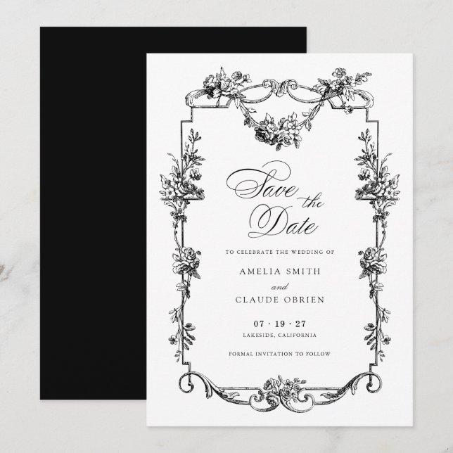 Invitación Floral Marco de época francés Guardar el Boda de f (Anverso / Reverso)