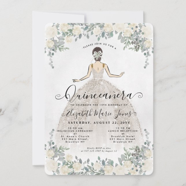 Invitación Floral Marfil White Princess Birthday Quinceanera (Anverso)