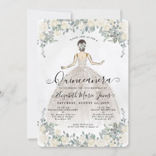 Invitación Floral Marfil White Princess Birthday Quinceanera