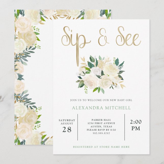 Invitación Floral marfileña con dorado| Sip y See (Anverso / Reverso)