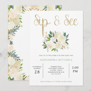 Invitación Floral marfileña con dorado Sip y See