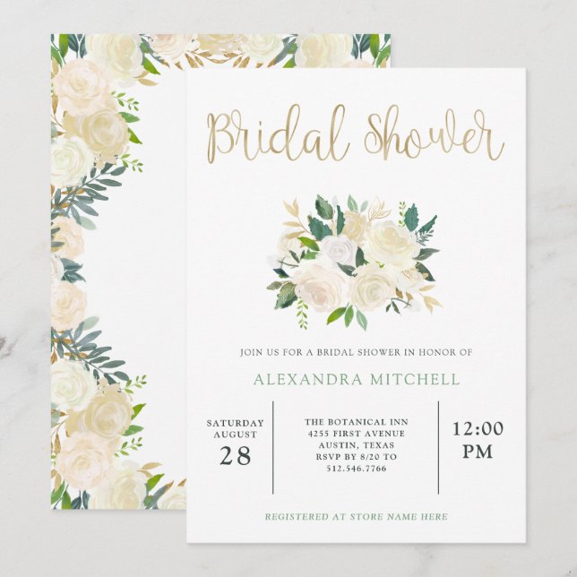Invitación Floral marfileña con oro | Bridal Shower (Anverso / Reverso)
