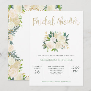 Invitación Floral marfileña con oro Bridal Shower