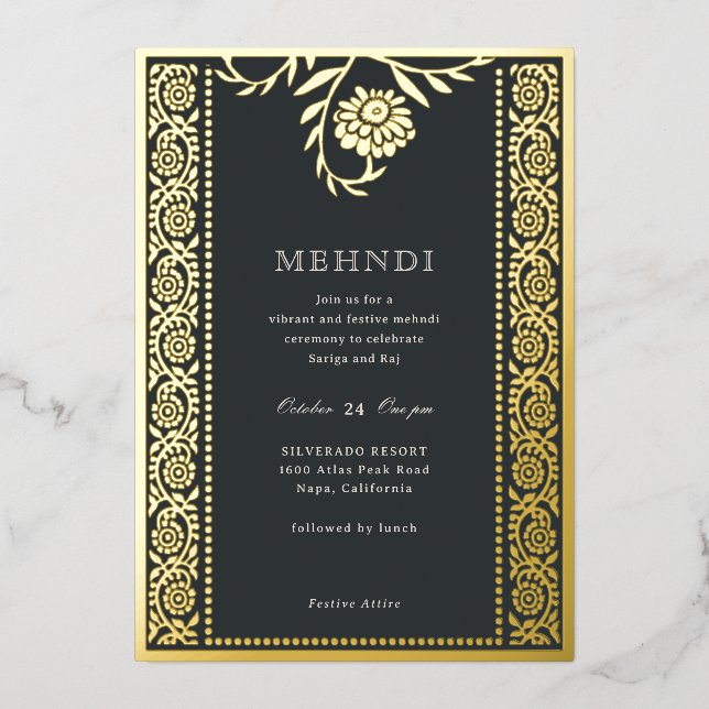 Invitación Floral Marigold Mehndi (Anverso)