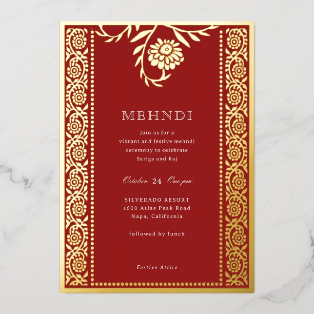 Invitación Floral Marigold Mehndi (Anverso)
