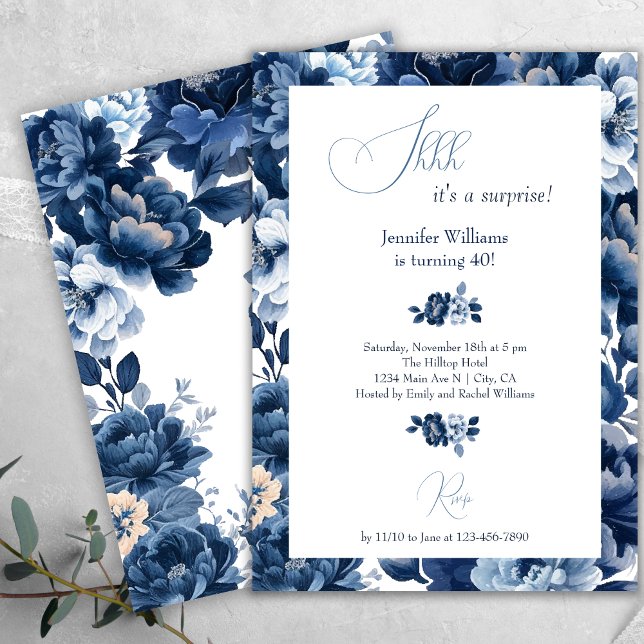 Invitación Floral Marina Azul acuarela Shh Surprise Cumpleaño (Subido por el creador)