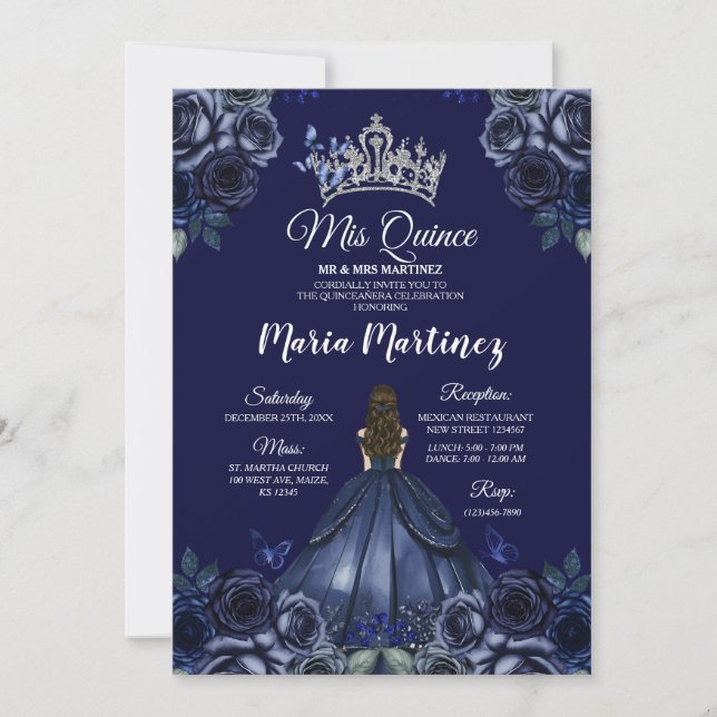 Invitación Floral Marina Azul Princesa Plata Mis Quince (Anverso)