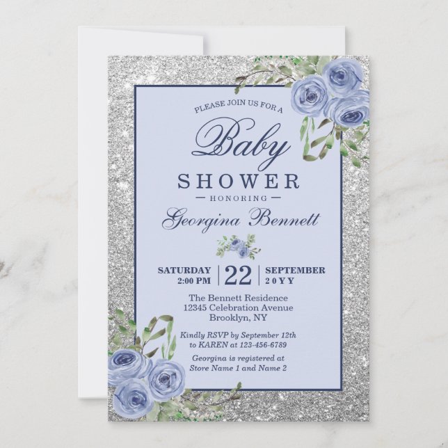 Invitación Floral Marina Blue Silver parkles Baby Shower (Anverso)