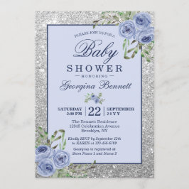 Invitación Floral Marina Blue Silver parkles Baby Shower